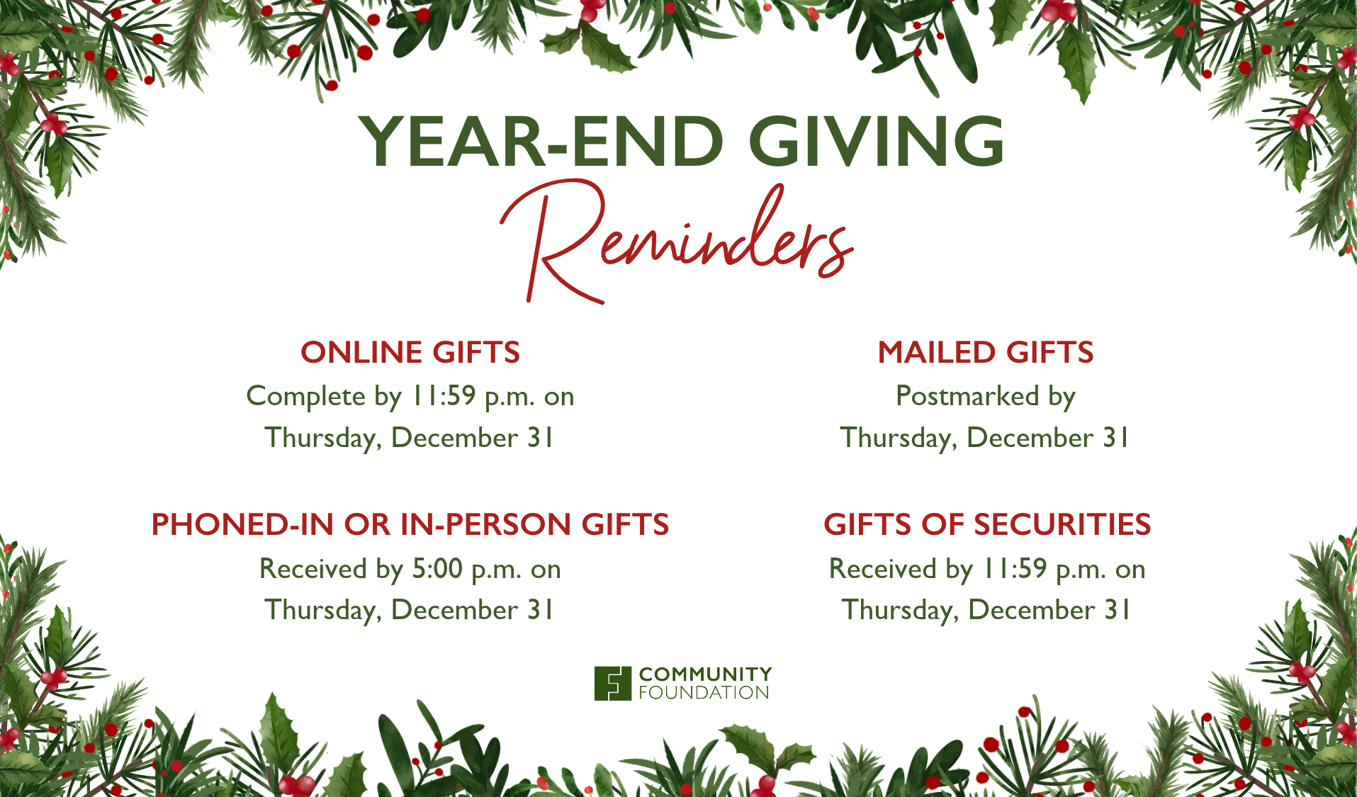 Year-End Giving Deadlines 2026